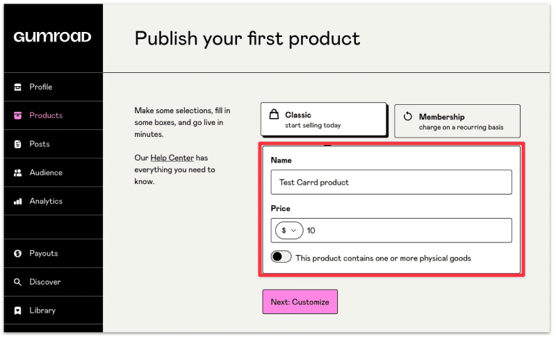 Setting a product name and price