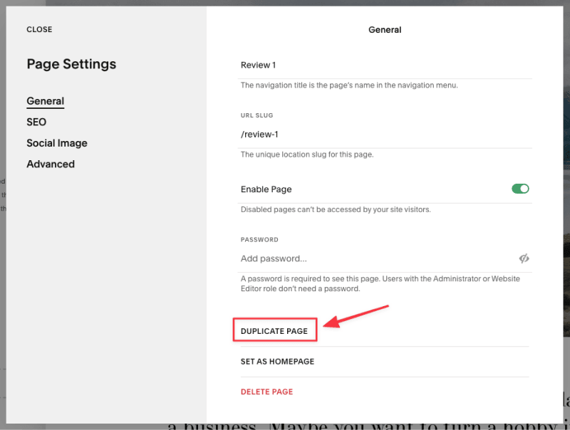 Find the duplicate button in the Page settings