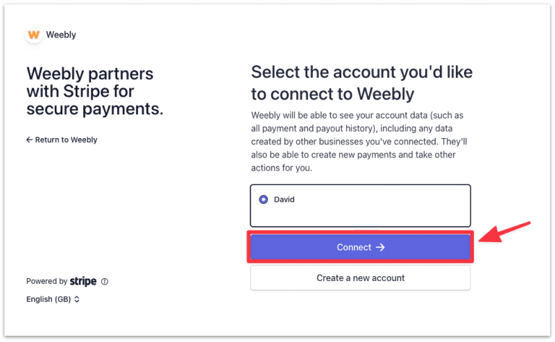 Authorize Weebly to connect with Stripe
