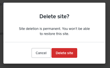 Confirmation message to remove a site from Weebly