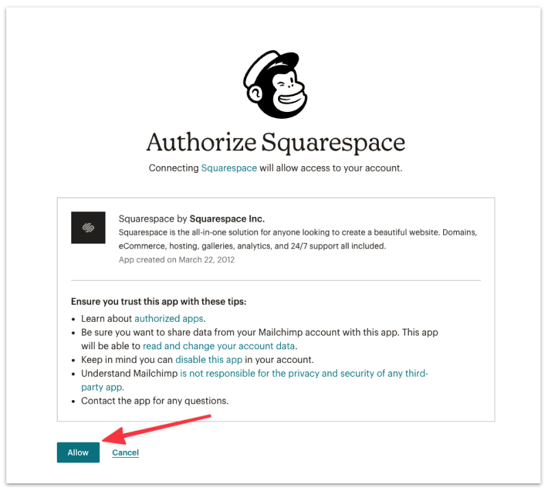 Authorize Squarespace to access MailChimp