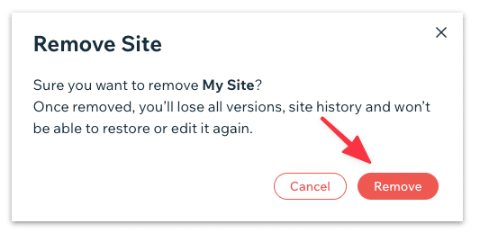 Confirm deleting the site from your Wix account 