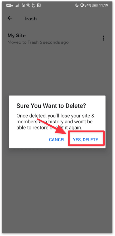Confirm deleting your site from your Wix account forever