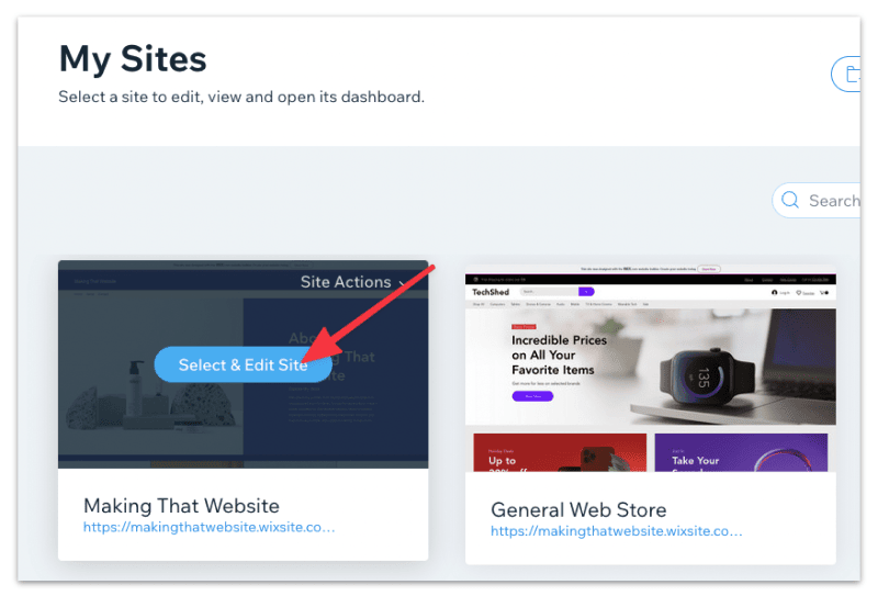 Select a Wix site to edit