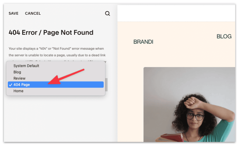 Select 404 page from the drop down