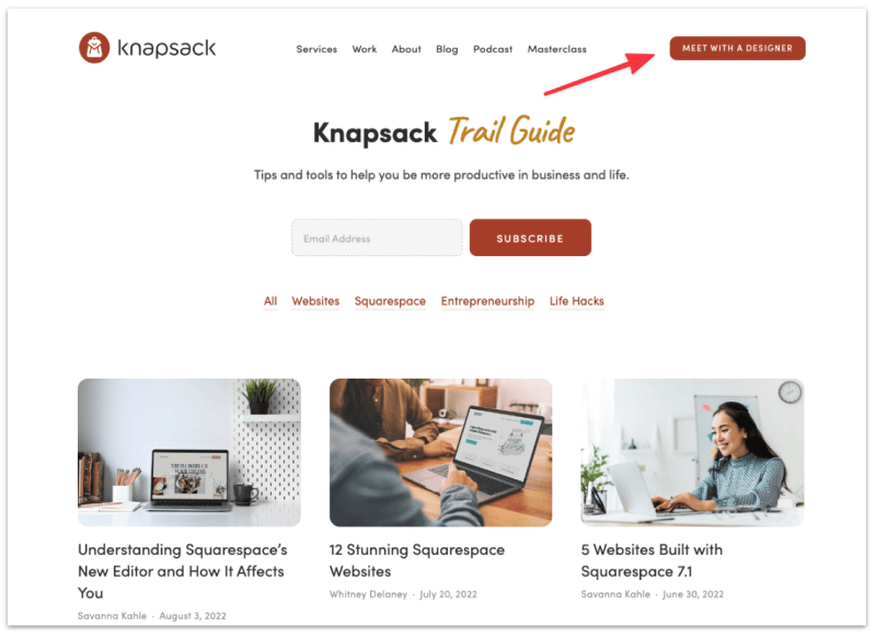 Call to action button on Knapsack for their design services