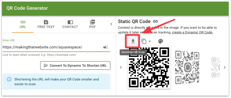 Click down icon to save QR code