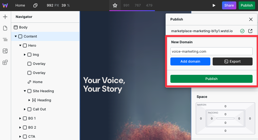 Adding a custom domain before publishing live on Web Studio