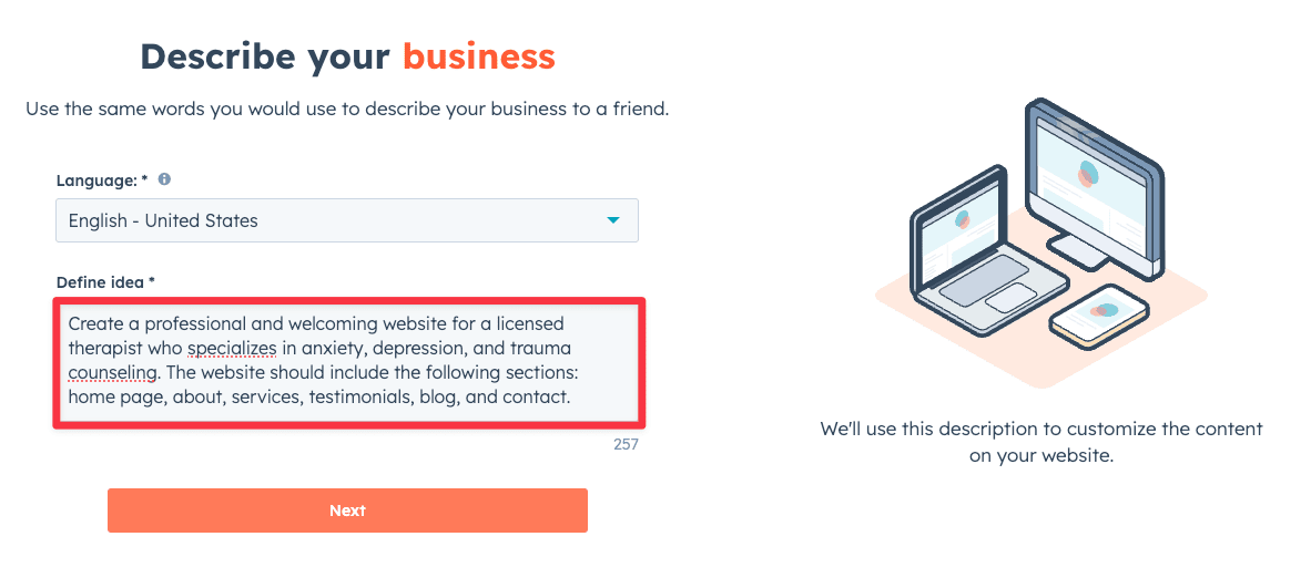 Describe your business in Hubspot's free AI website builder