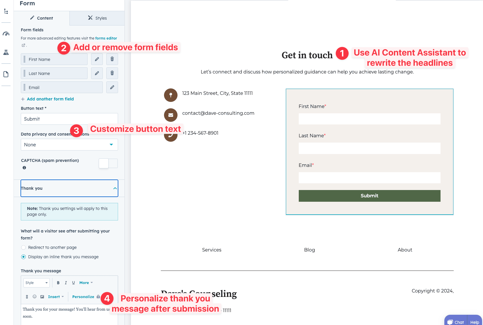 Customizing the contact section