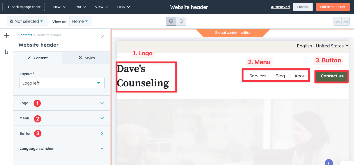 How to update the header in Hubspot's website editor