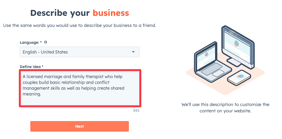 Describe your business in Hubspot's AI website builder