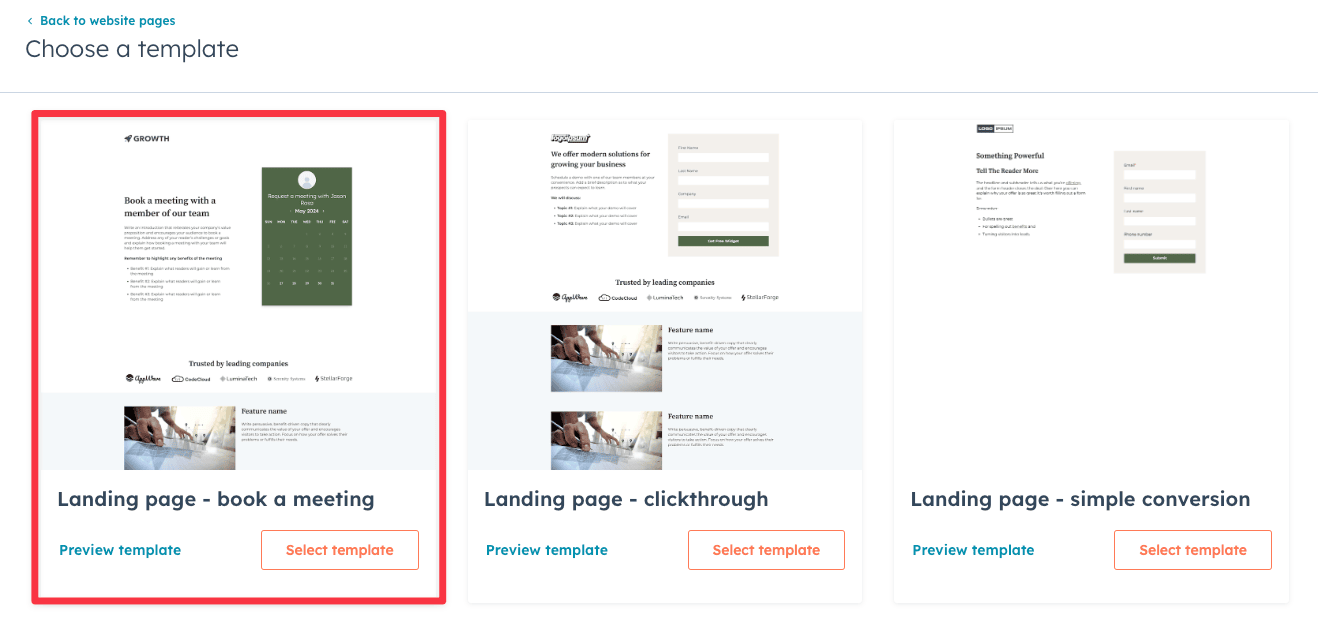 Select the booking page template