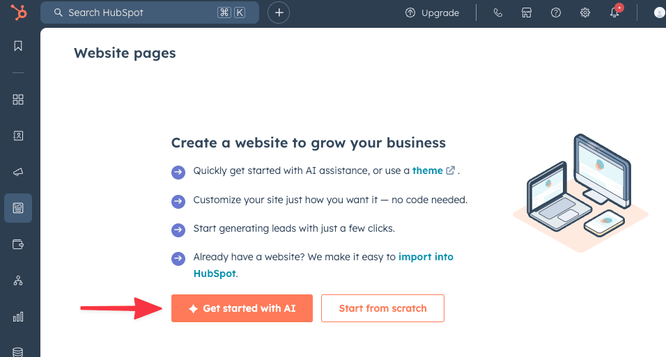 Start creating a website with Hubspot AI