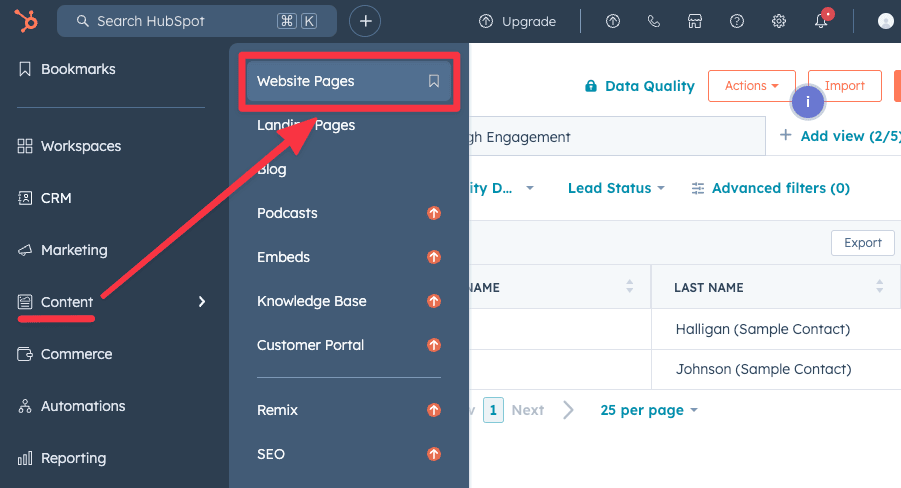 Head to Hubspot's website creation dashboard