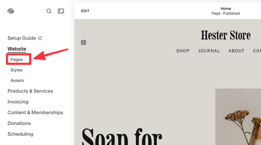 Head over to Squarespace Pages settings