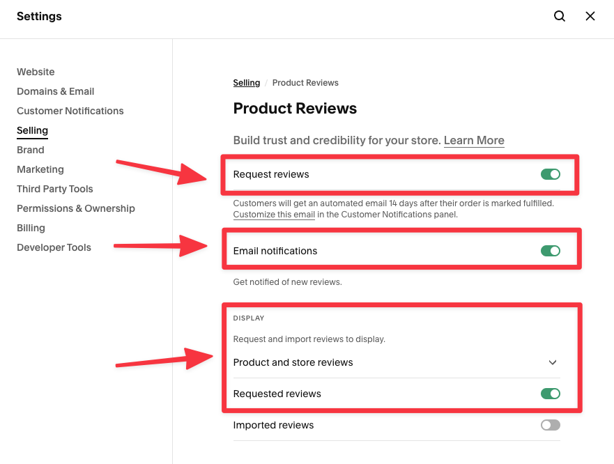 Enable Product reviews settings