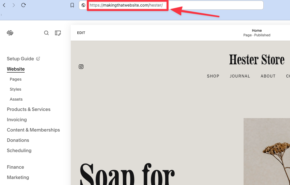 Copy the URL of your Squarespace site