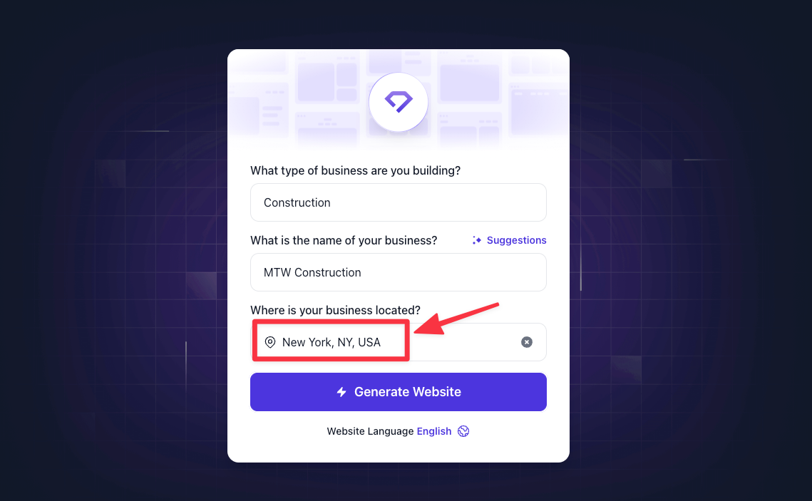 Location of business - third question in the AI website building process