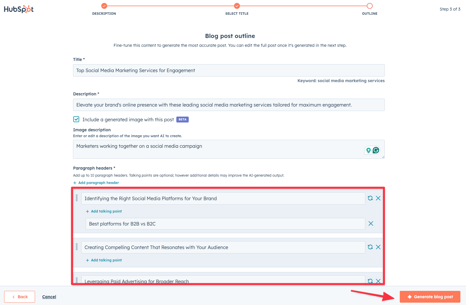 Auto generate blog post outline and content using AI within Hubspot