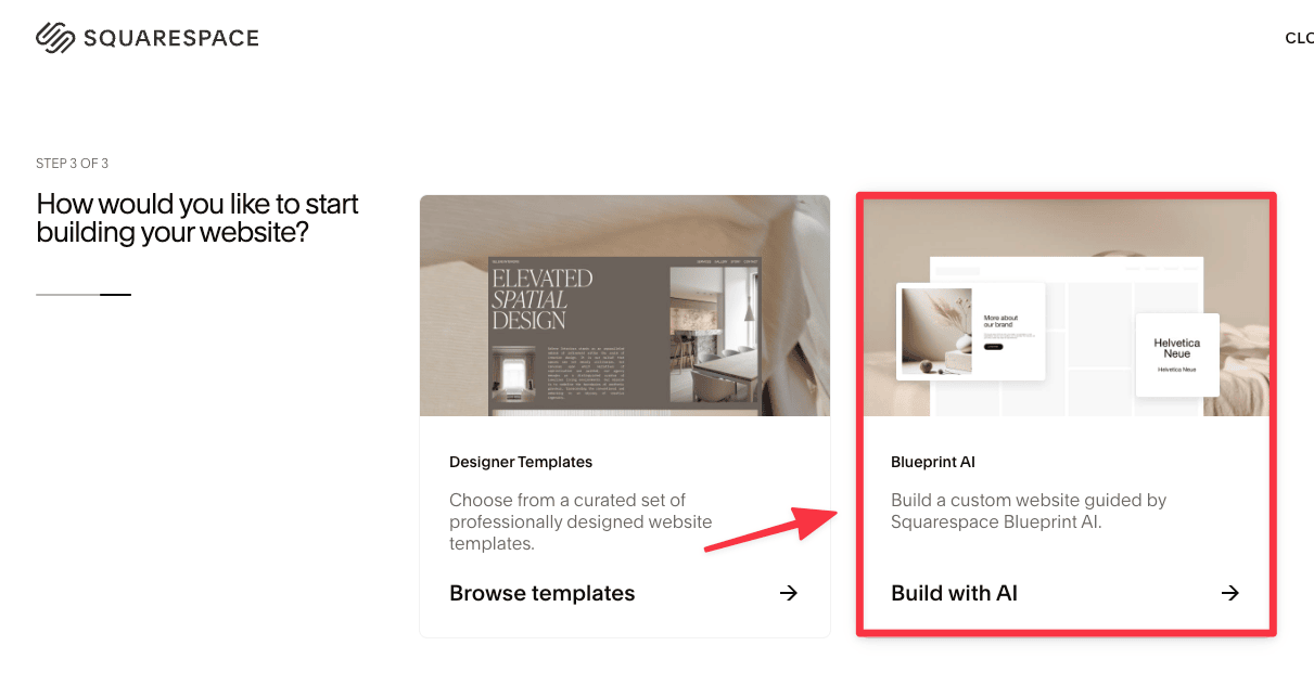 Choose to build with Squarespace AI website builder