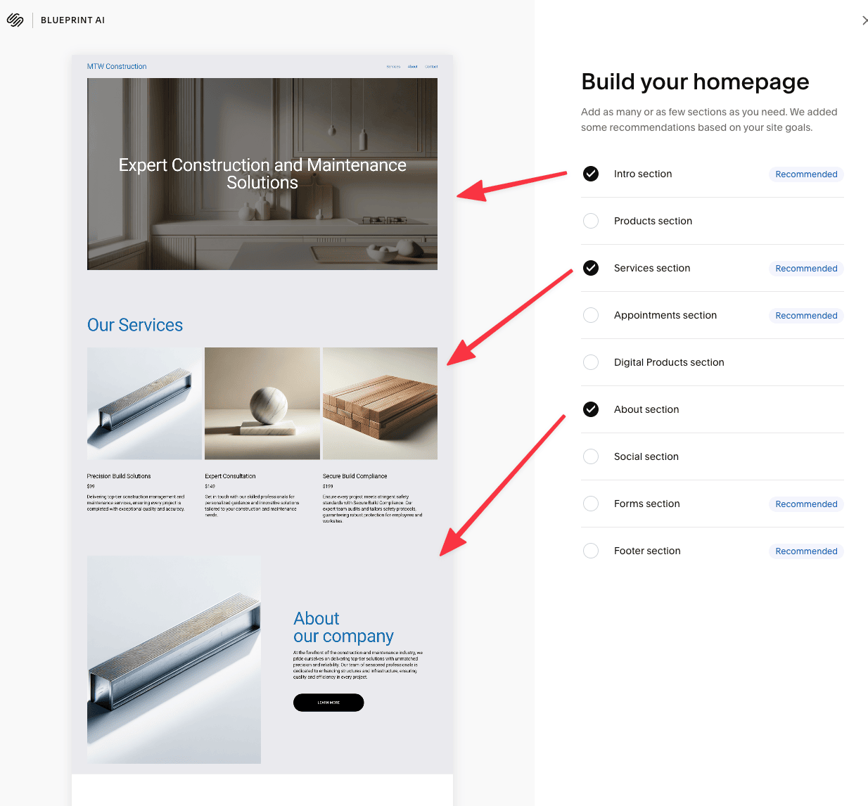 Add sections to your home page