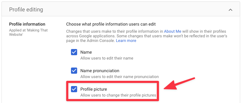 Tick the profile picture checkbox to grant permission to the user to edit their profile picture