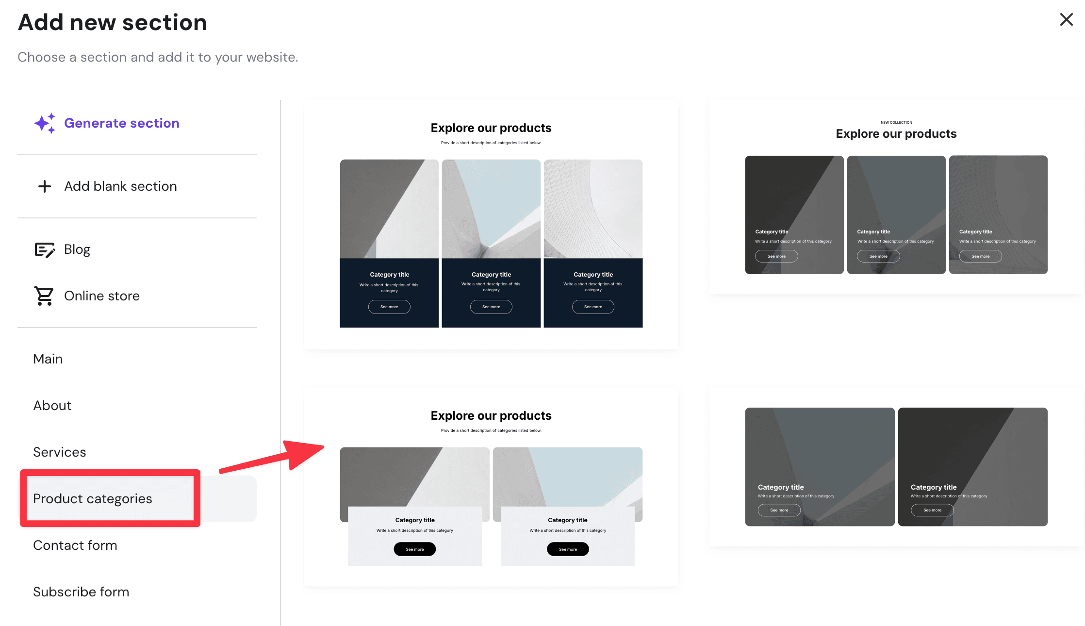 Pre-made sections to drag and drop on the page