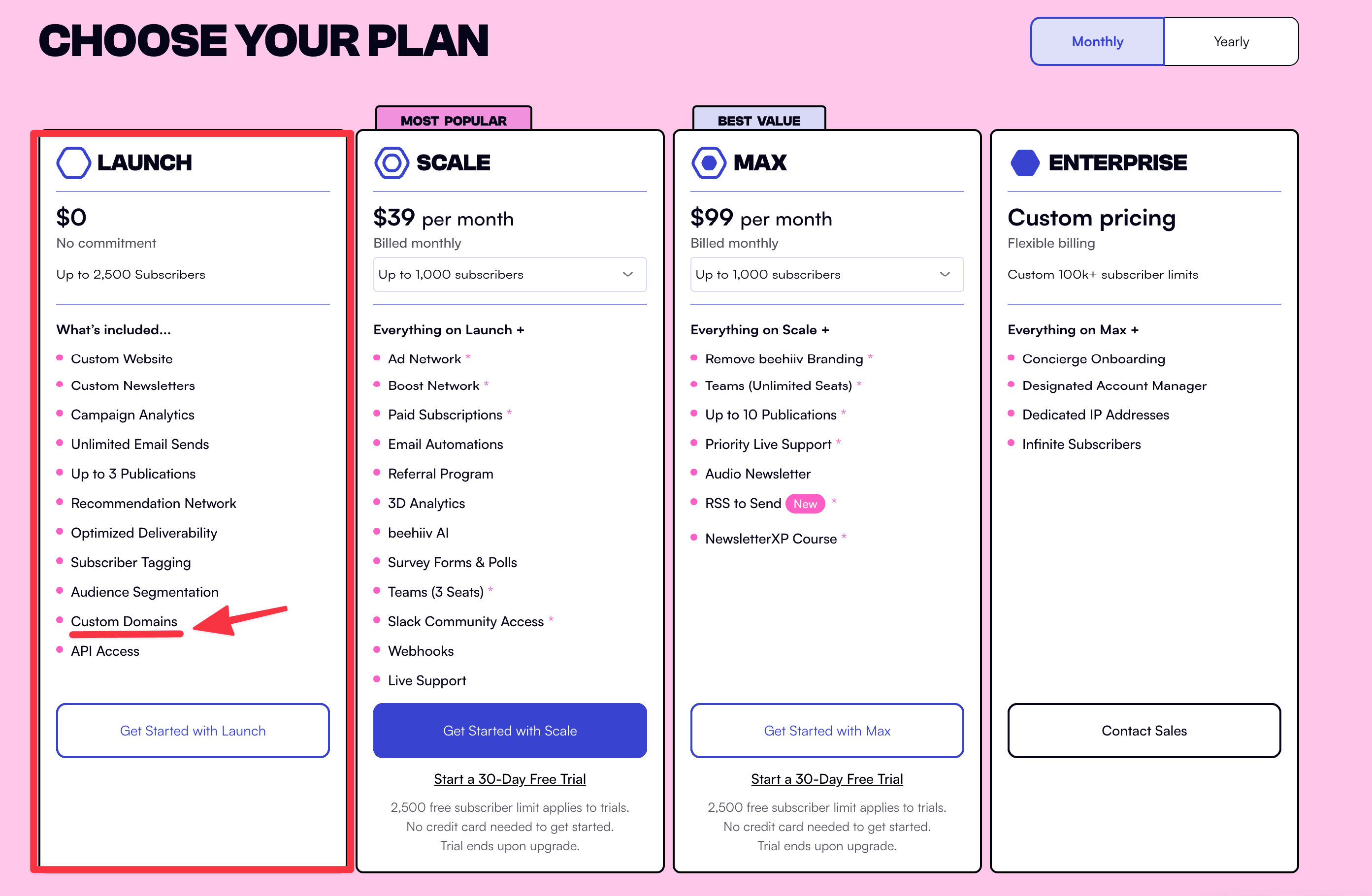 Beehiiv free plan allows custom domain