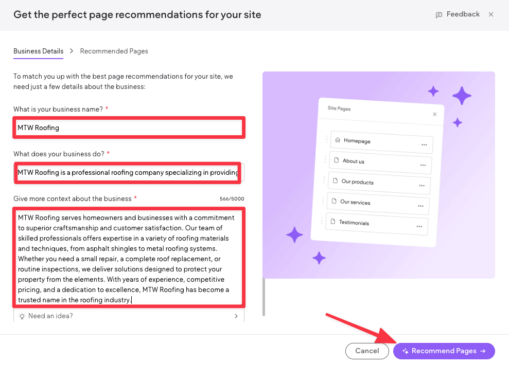 Input some business details in Duda AI