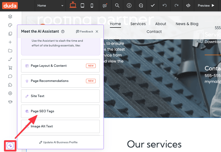 Getting to Duda's Page SEO tags through the AI assistant